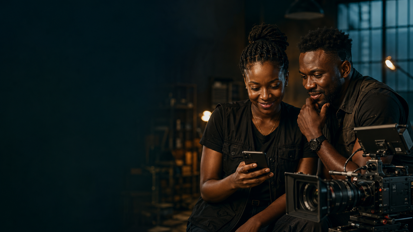 Two filmmakers reviewing a smartphone beside a cinema camera