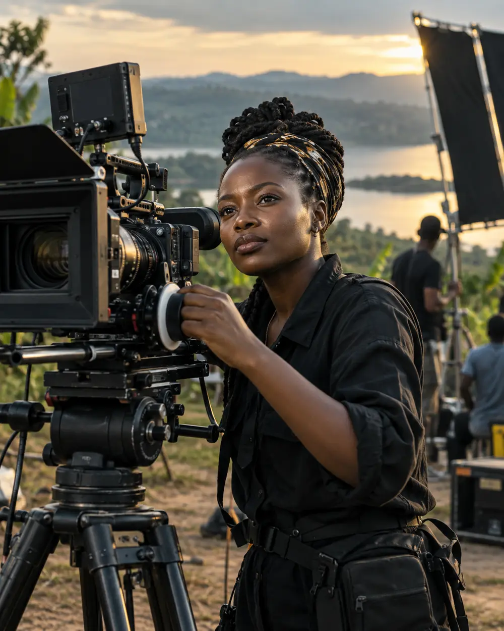 Ugandan female cinematographer working with a professional camera