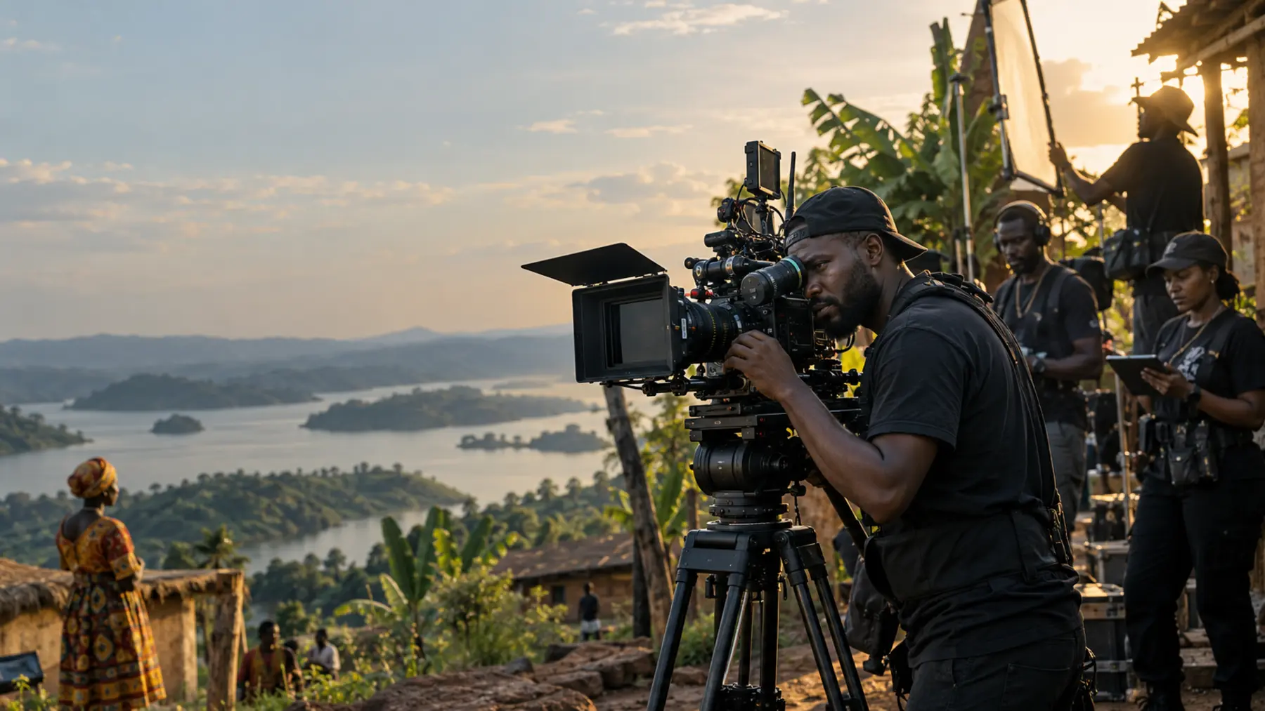 Ugandan cinematographer operating a cinema camera on location