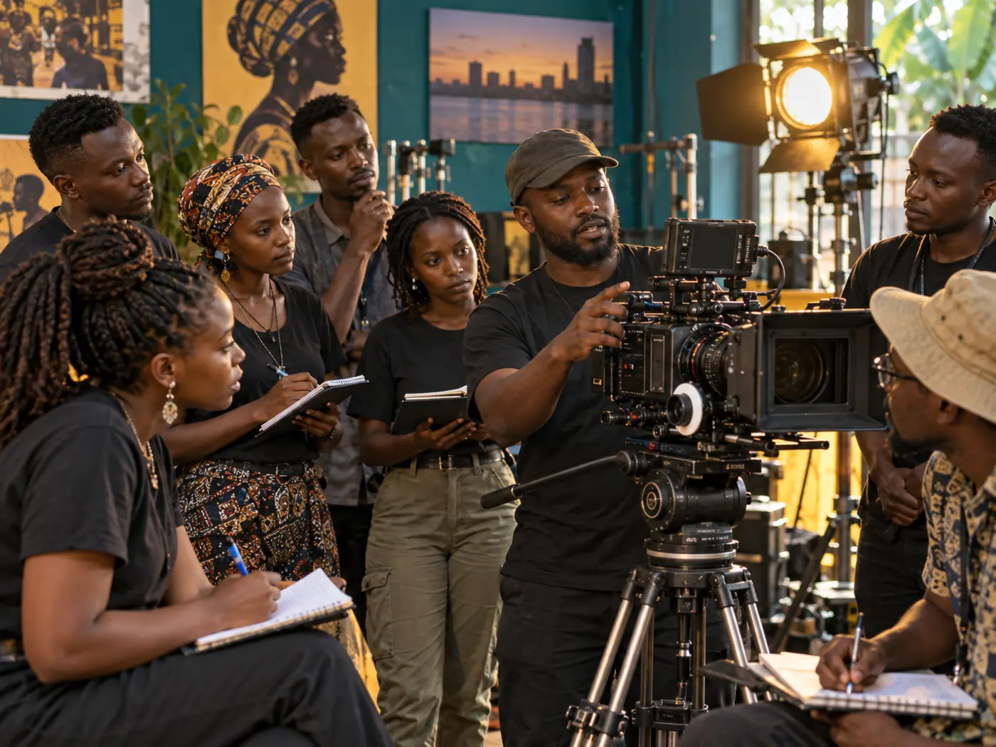 Ugandan filmmakers in a practical camera and lighting workshop